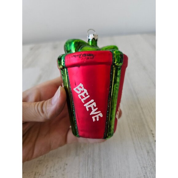 Believe present glass ornament Xmas tree glitter red green - Picture 2 of 7